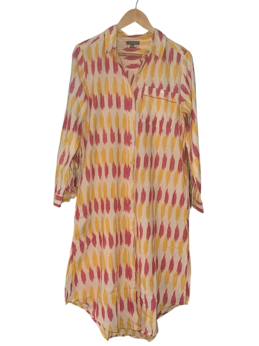 Lilla P Shirt Dress Taffy Ikat Vibrant Pink & Orange On Cream Background Sz S
